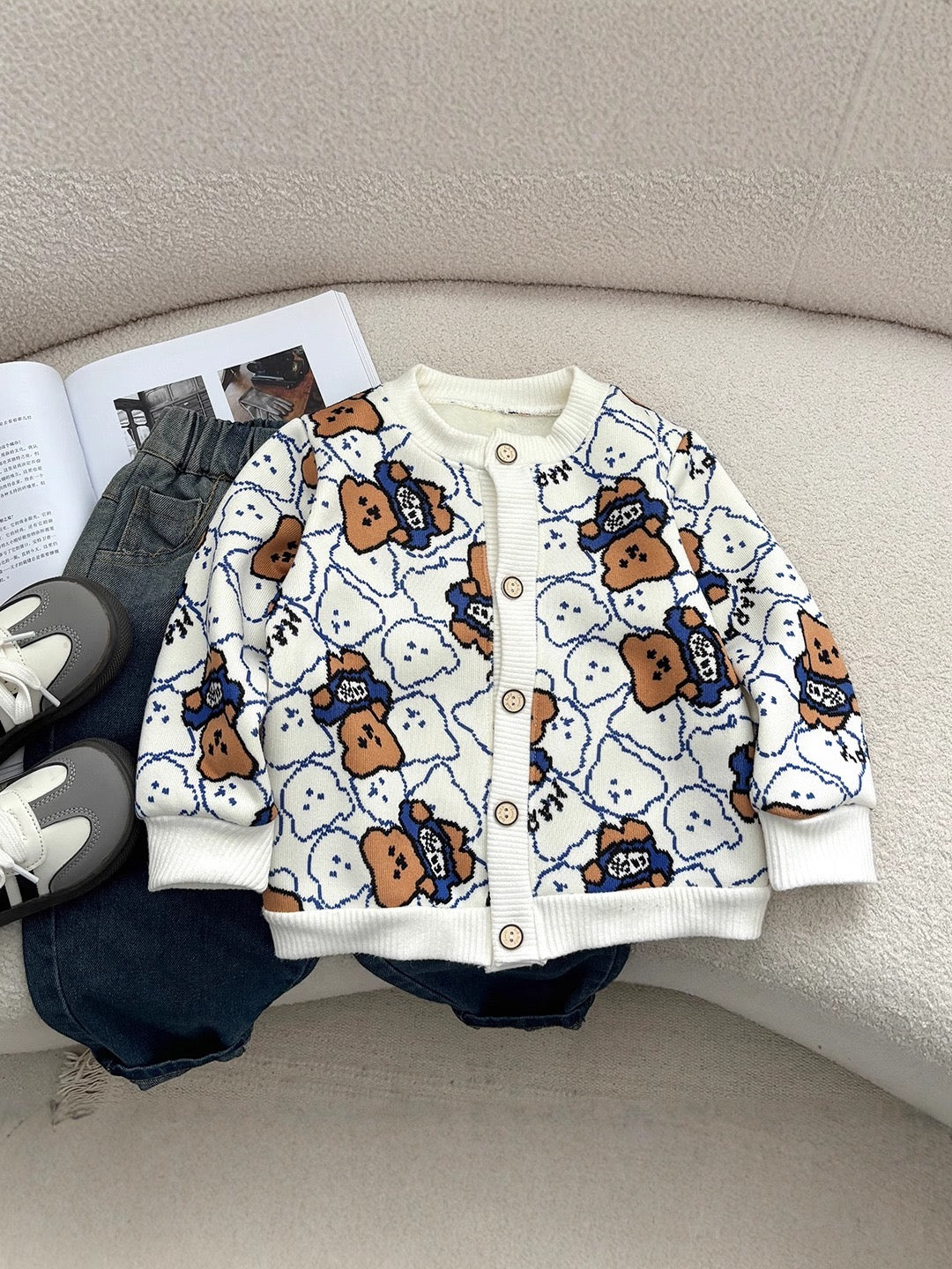 Kids Striped Heart Embroidered Warm Sweater Coat