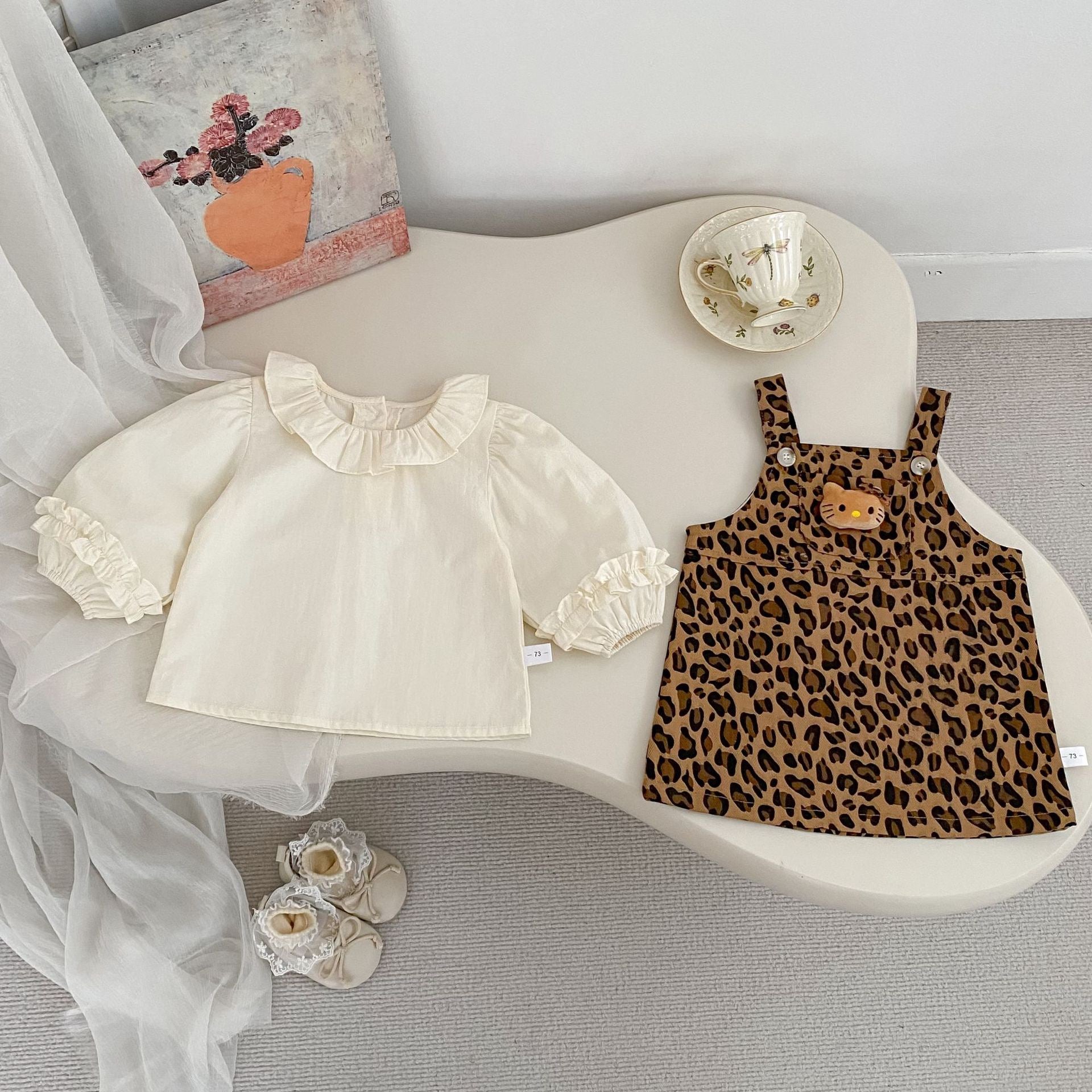Baby Girl Bear Long Sleeve Dress with Versatile Lace Collar Shirt