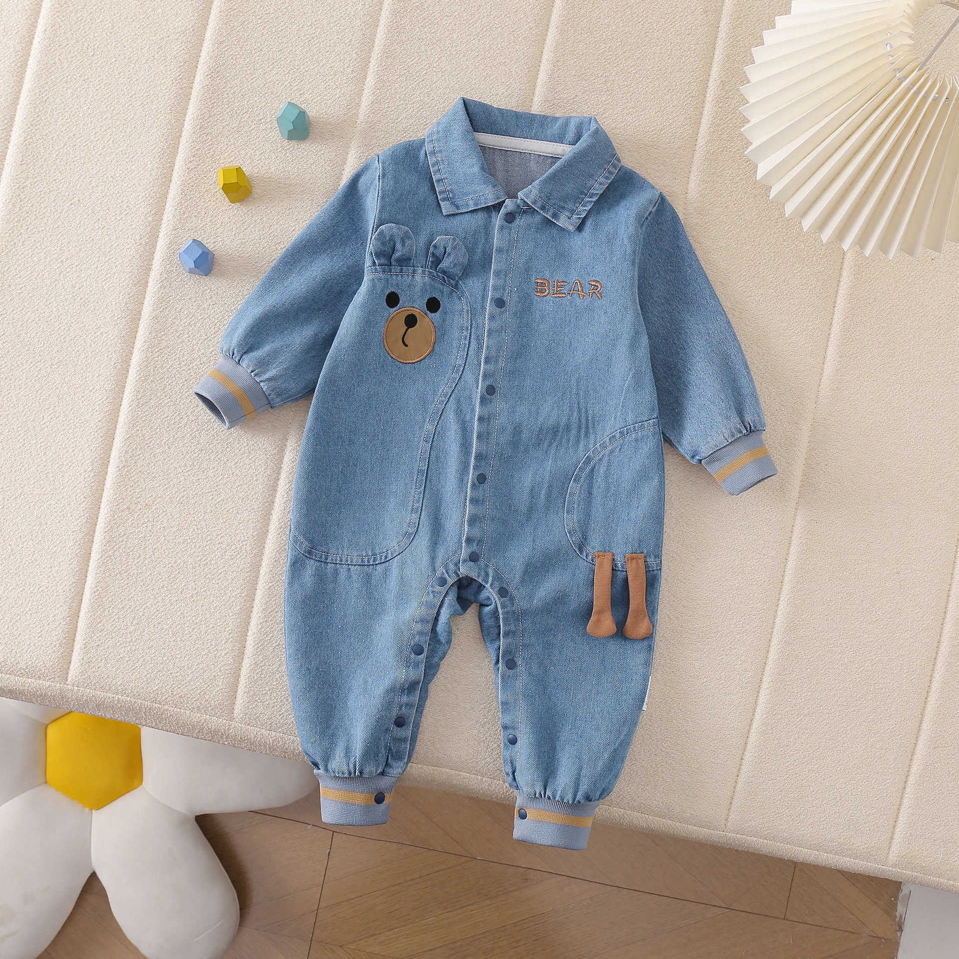 Baby Denim Romper Lapel Lying Bear Long Sleeve