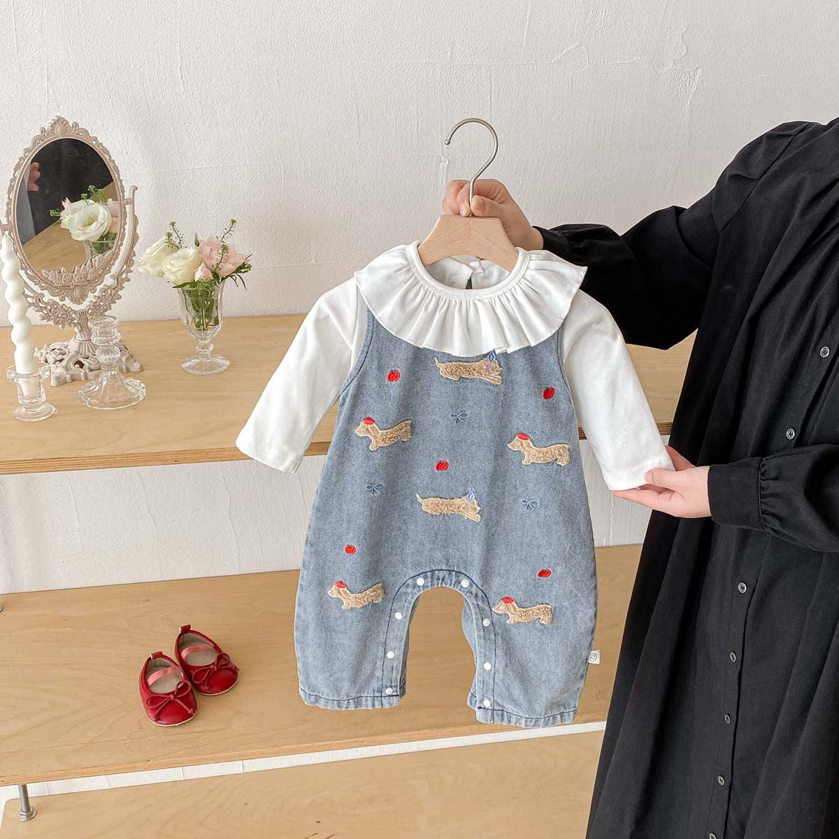 Baby Girls Denim Overall Set with Doll Collar Top & Cartoon Embroidery