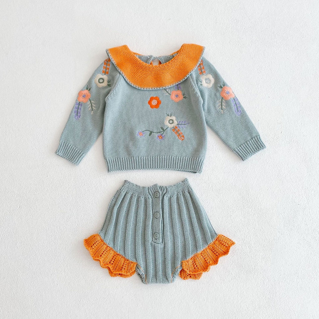 Toddler Baby Girls Embroidered Ruffle Collar Knitted Top & PP Shorts Set