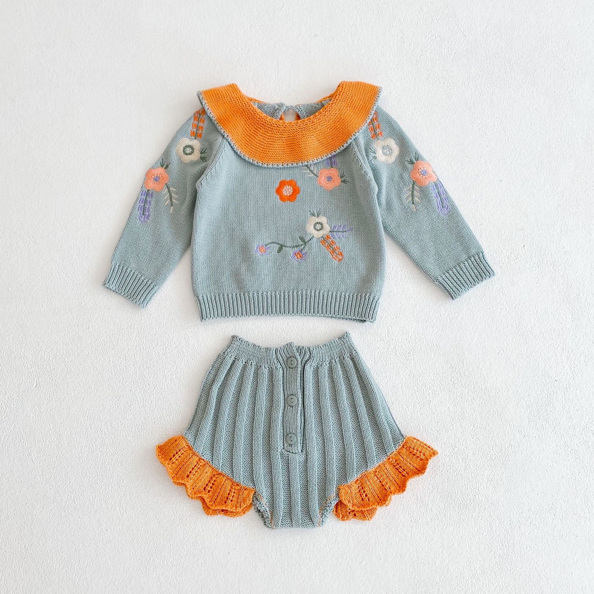 Toddler Baby Girls Embroidered Ruffle Collar Knitted Top & PP Shorts Set