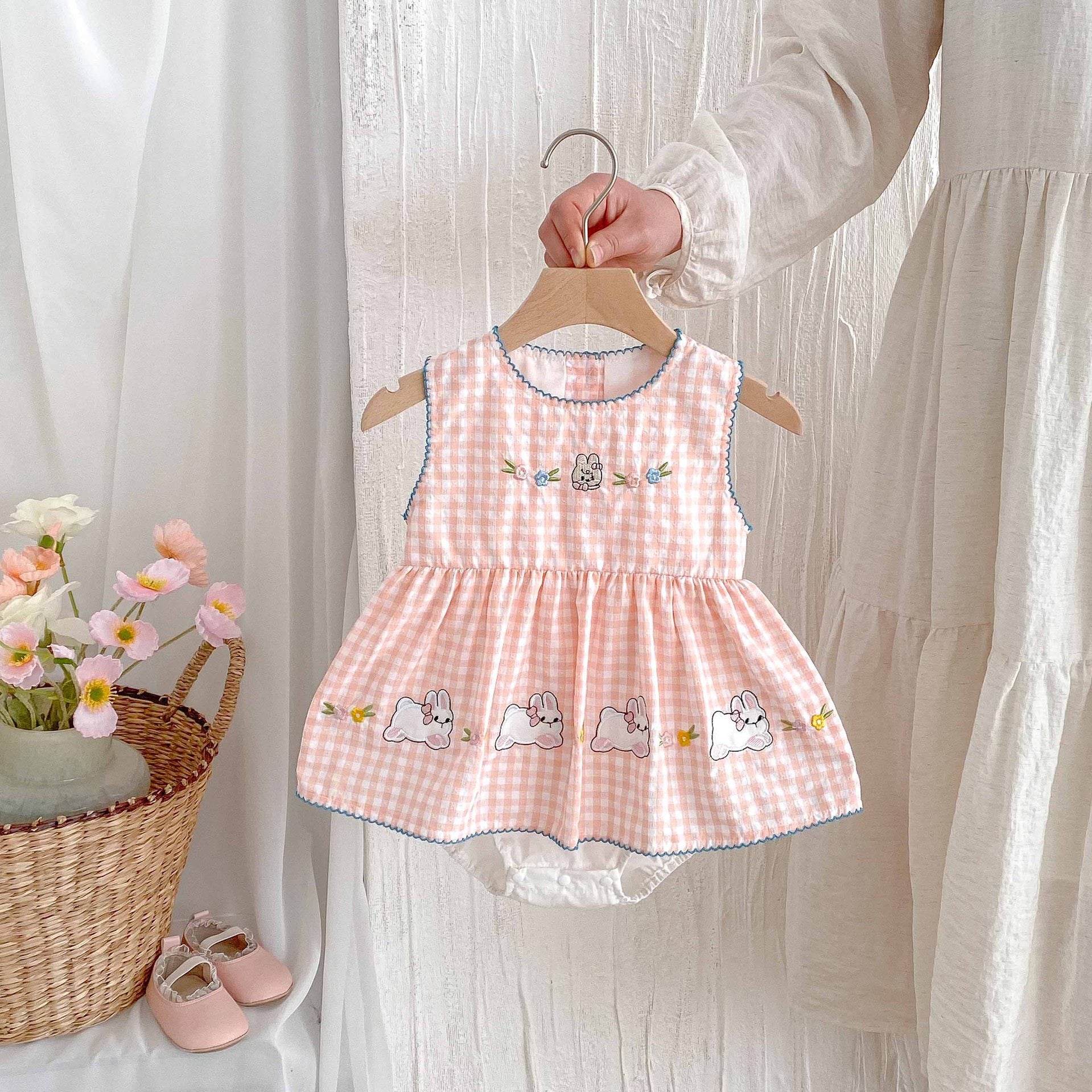 Baby Girl Floral Bunny Plaid Romper