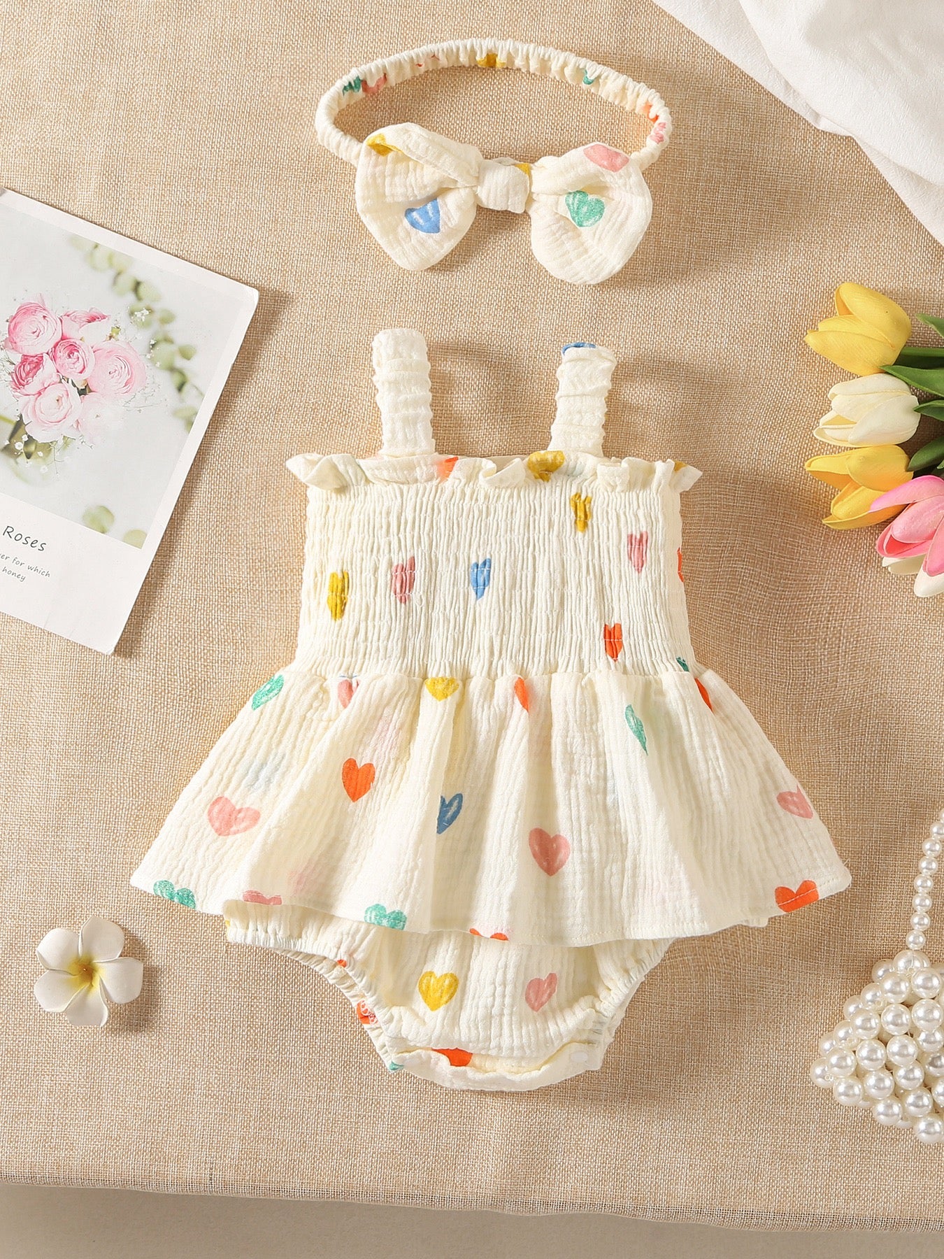 Baby Girl Sleeveless Print Romper with Hat
