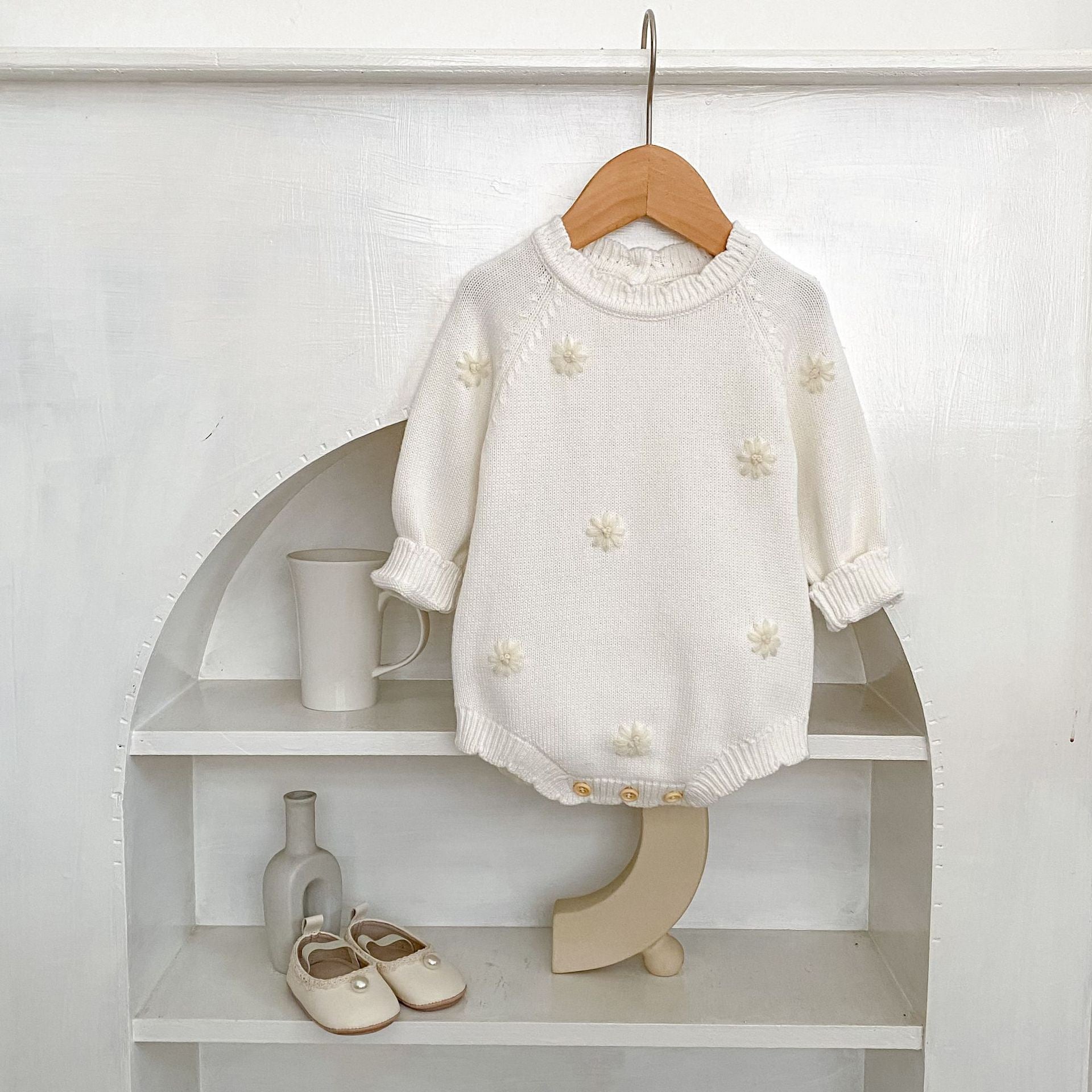 Baby Knitted Cotton Bodysuit with Crochet Flower