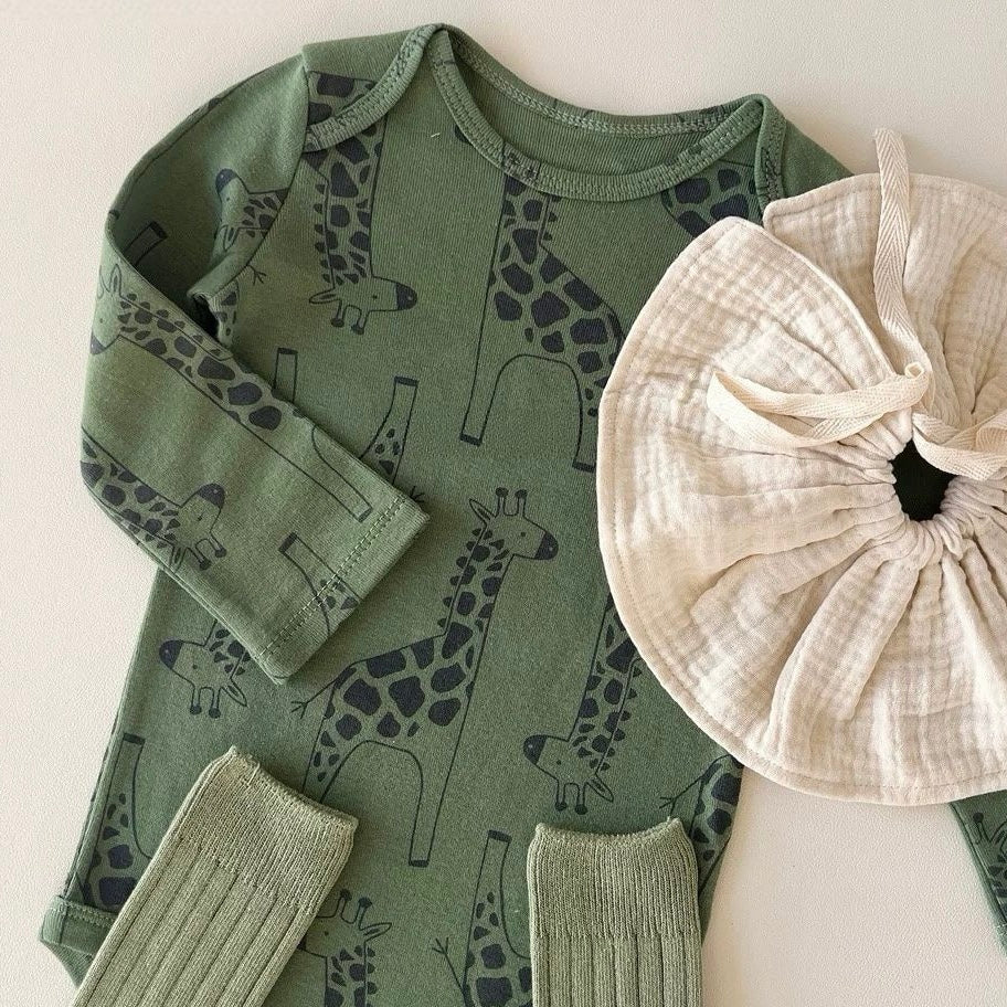Baby Bodysuit, Green with Giraffes