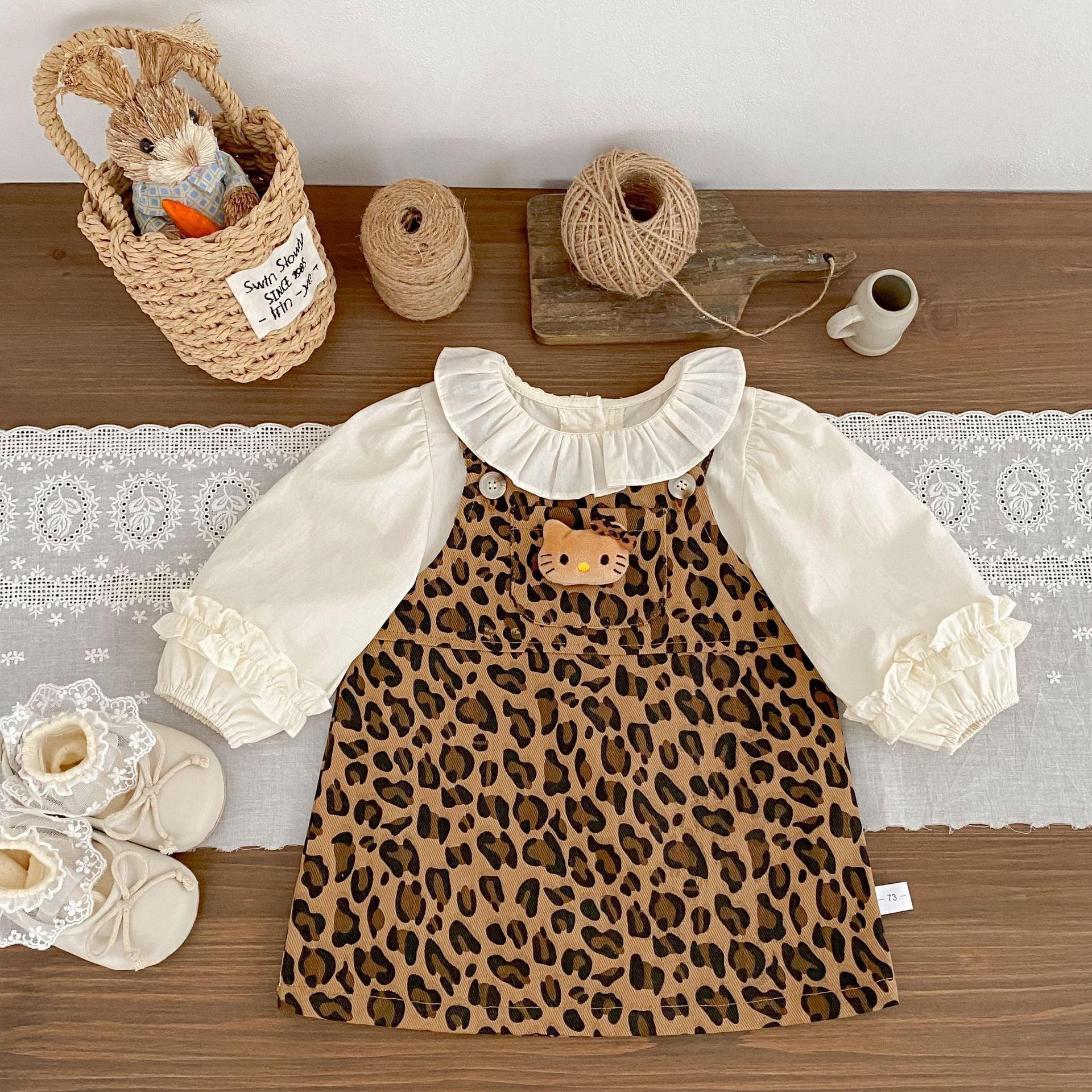 Baby Girl Bear Long Sleeve Dress with Versatile Lace Collar Shirt