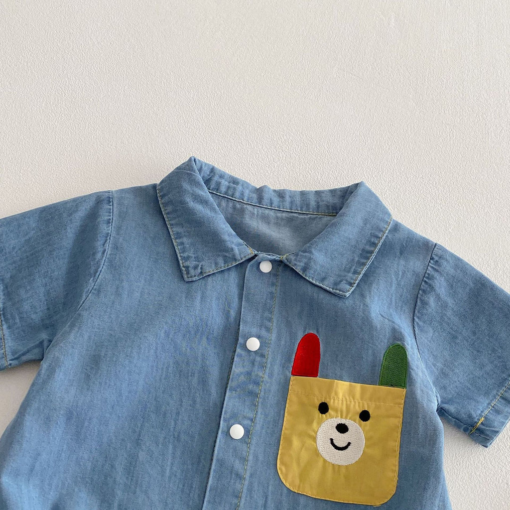 Baby Bodysuit with Teddy Bear Print, Denim