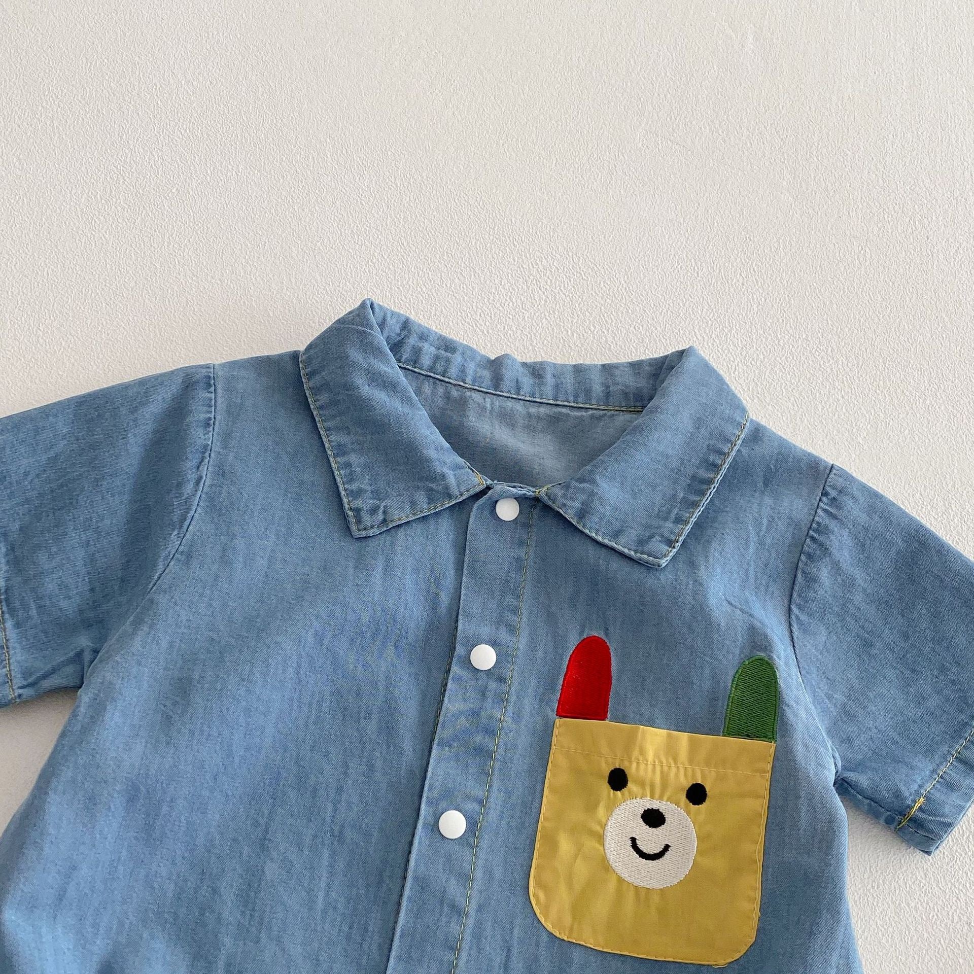 Baby Bodysuit with Teddy Bear Print, Denim