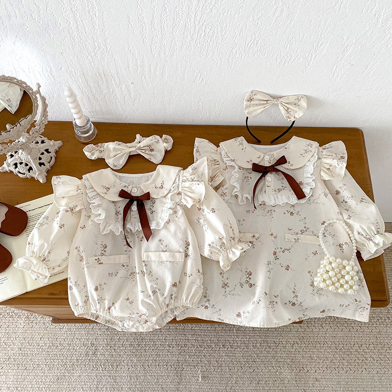 Ruffle Lace Bodysuit Bow Long Sleeve Floral Dress