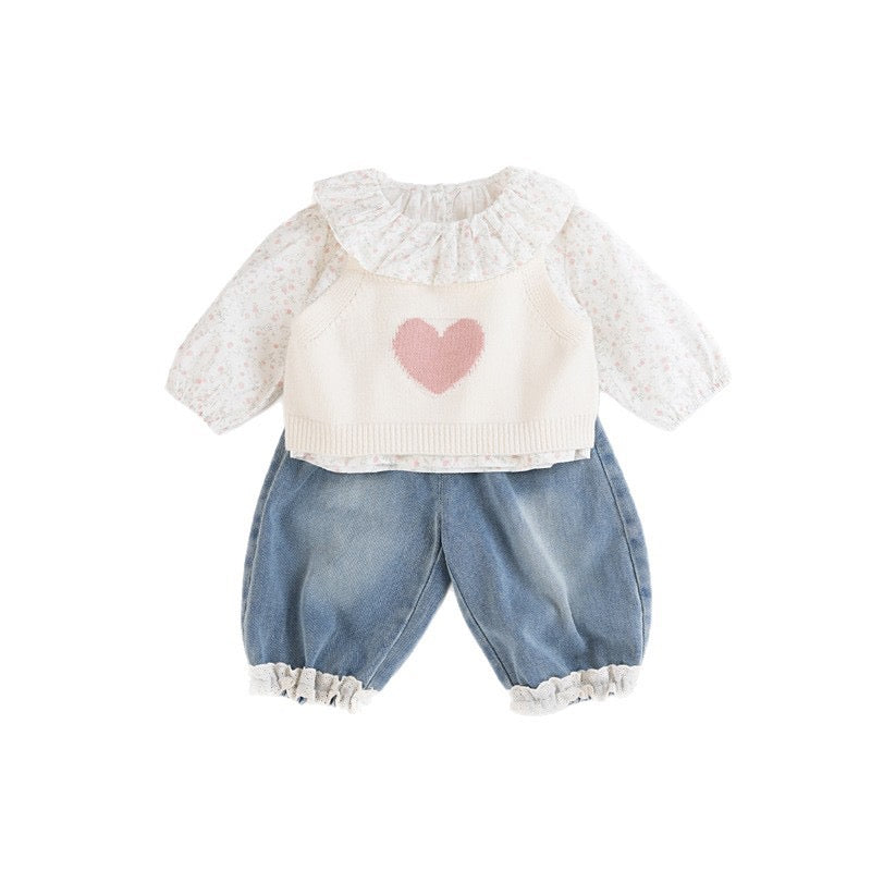 Girls' 3PCS Spring Set Lace Floral Blouse, Sweater Vest & Jeans