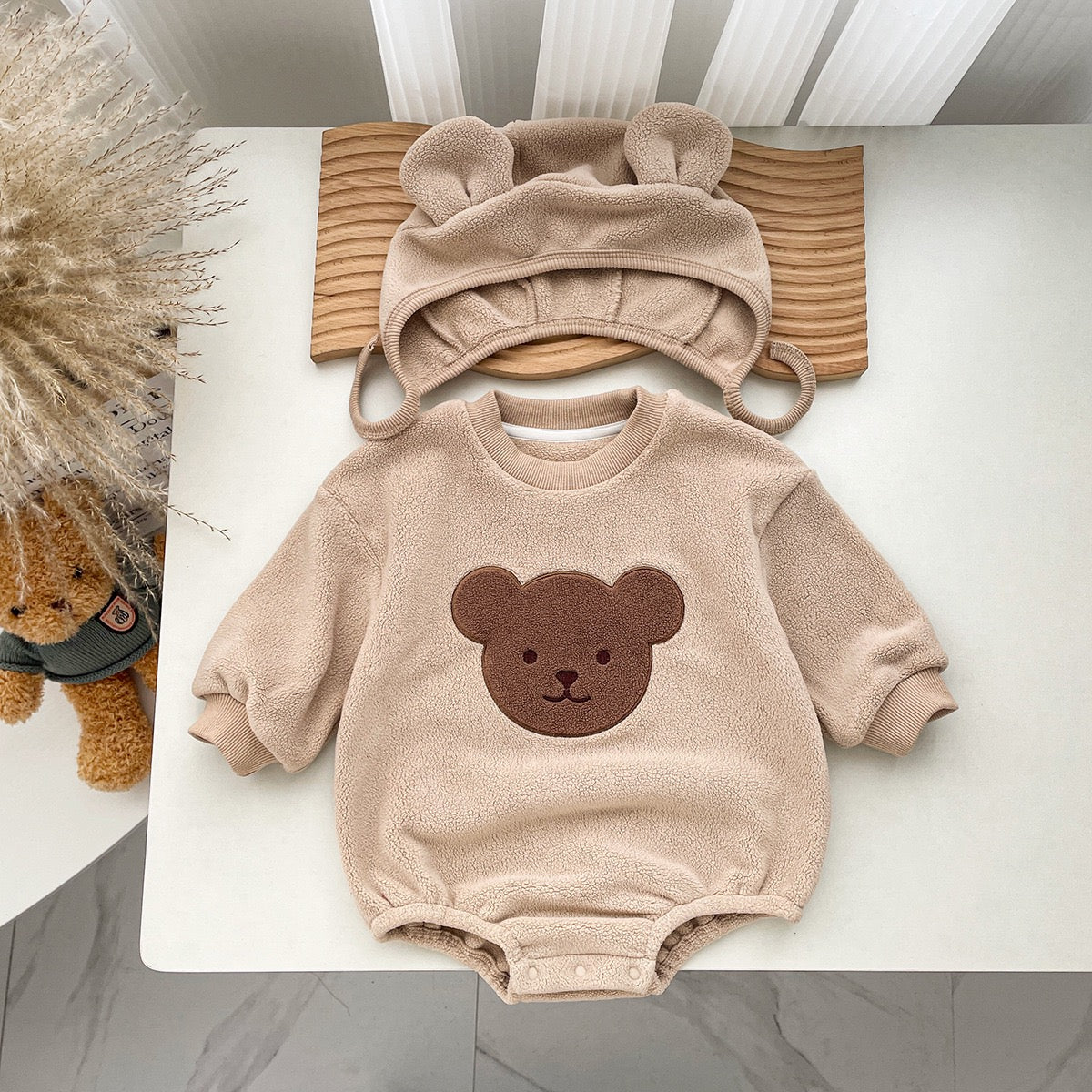 Baby Bear Fleece Romper & Cap Set