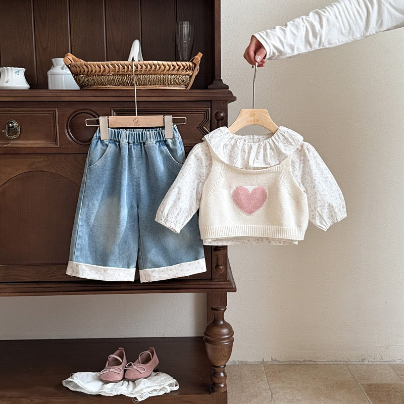 Girls' 3PCS Spring Set Lace Floral Blouse, Sweater Vest & Jeans
