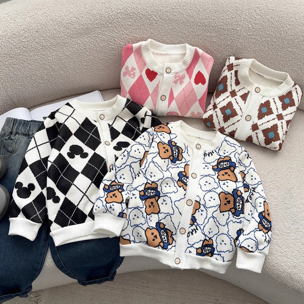 Kids Striped Heart Embroidered Warm Sweater Coat