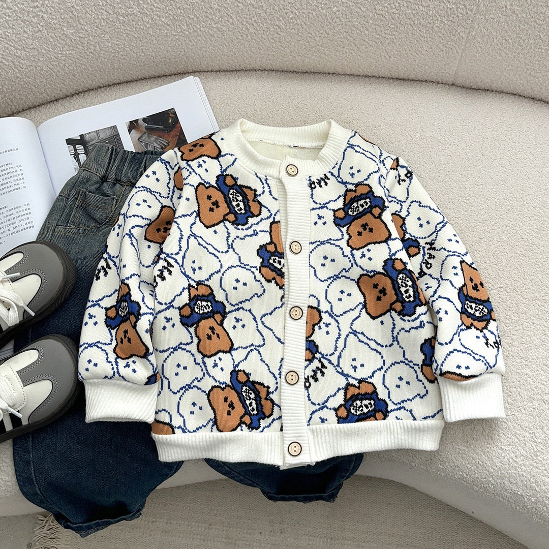 Kids Striped Heart Embroidered Warm Sweater Coat