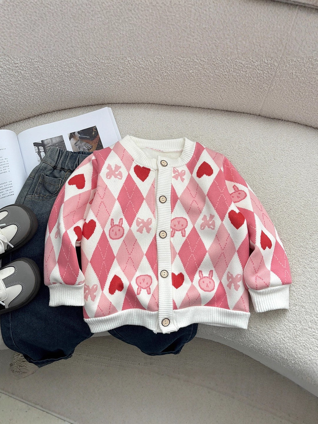 Kids Striped Heart Embroidered Warm Sweater Coat