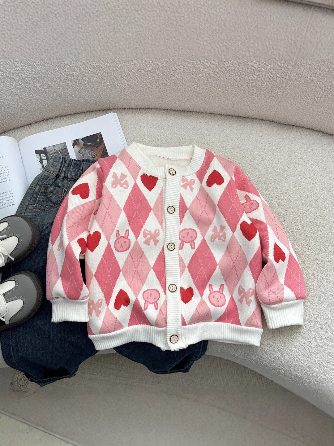Kids Striped Heart Embroidered Warm Sweater Coat