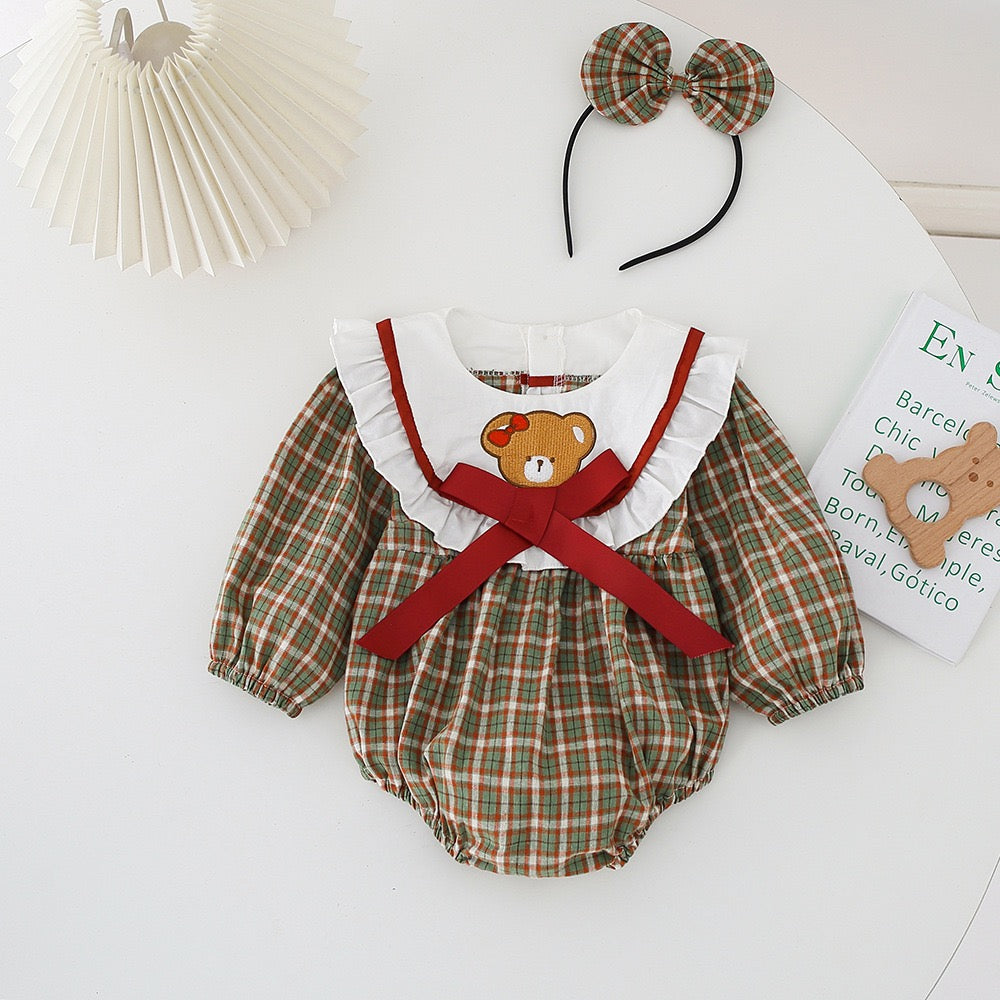 Family Matching Outfits Baby Girl Long Sleeves Bodysuit+Bear Plaid Patchwork Dress