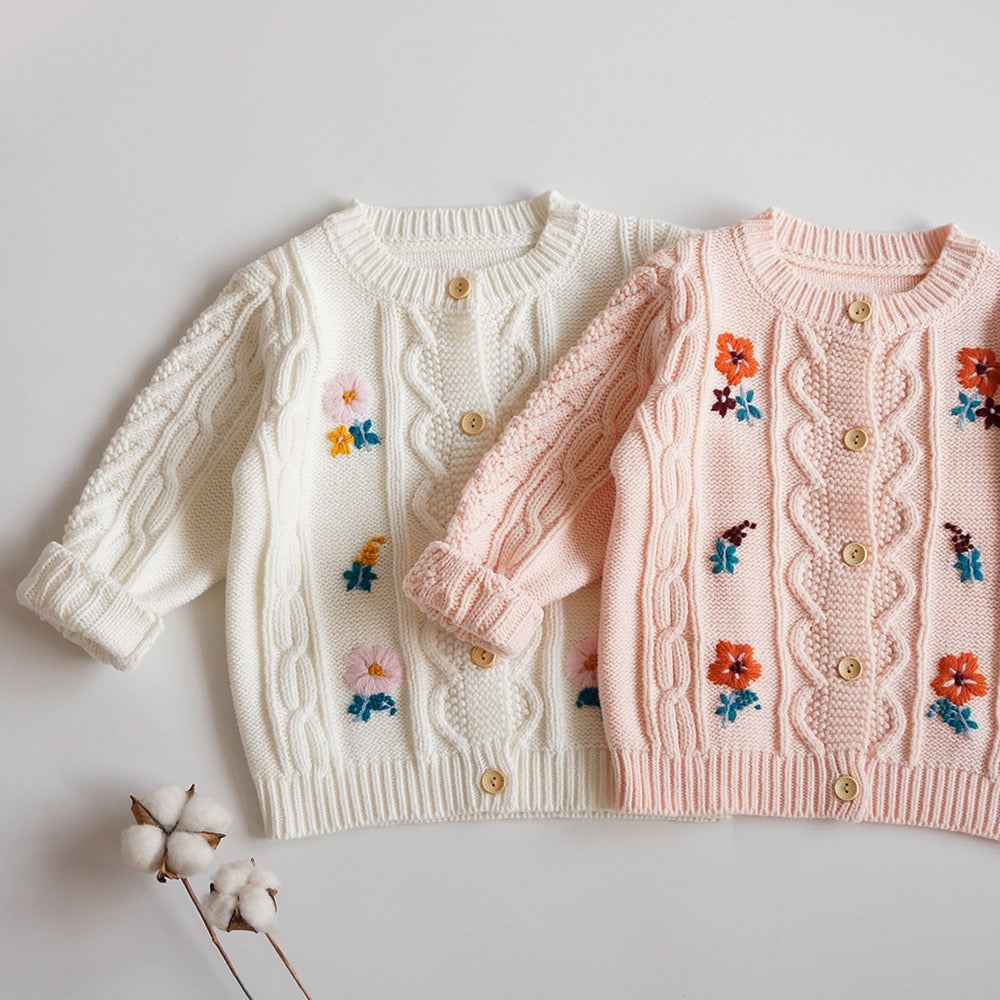 Children's Knitted Cardigan with Little Flowers