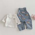 Baby Girls Denim Overall Set with Doll Collar Top & Cartoon Embroidery