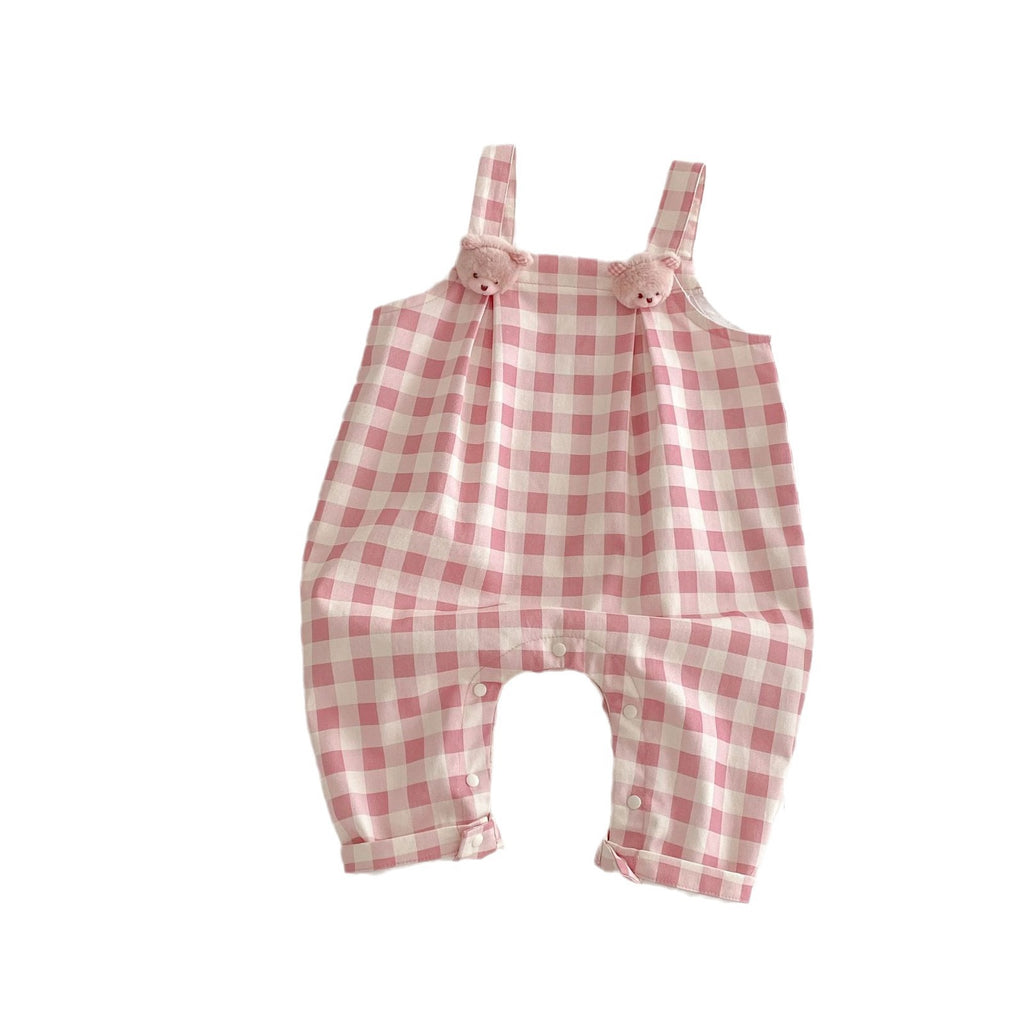 Baby Girl Plaid Bear Overall & Tee Set