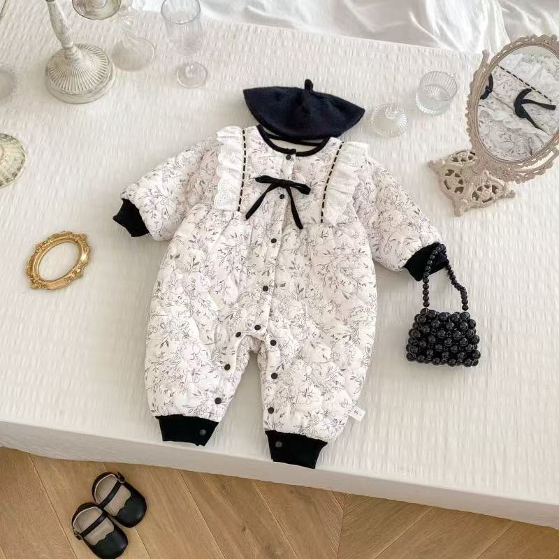 Winter Baby Warm Velvet Romper Flower Bow Jumpsuit