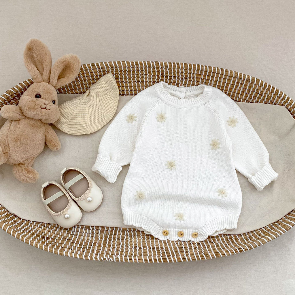 Baby Knitted Cotton Bodysuit with Crochet Flower