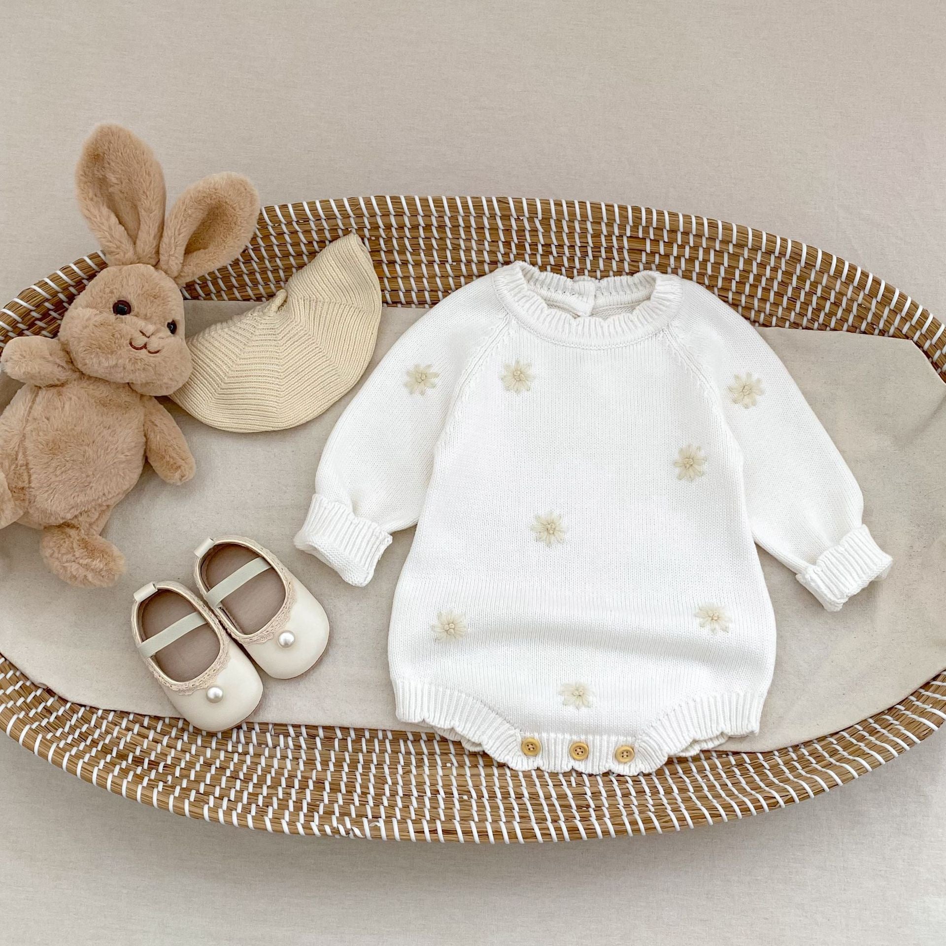 Baby Knitted Cotton Bodysuit with Crochet Flower