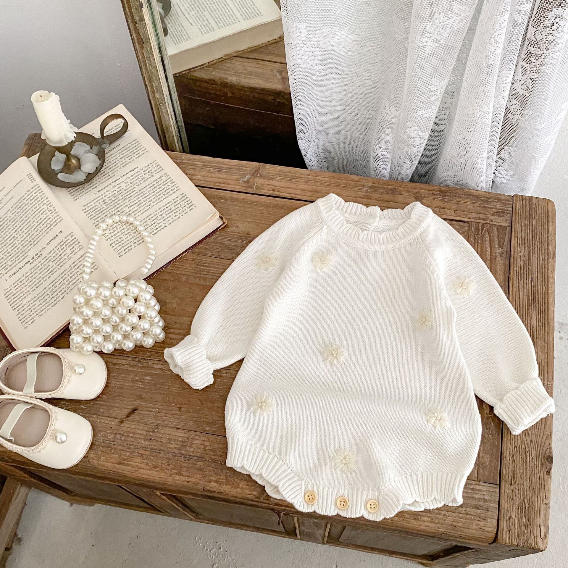 Baby Knitted Cotton Bodysuit with Crochet Flower