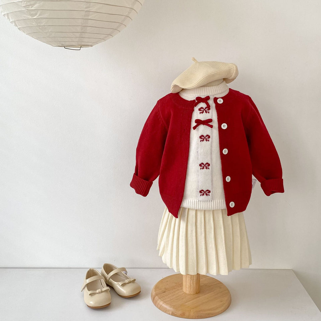 Baby Girl Red Bow Fake Two-Piece Knitted Cardigan
