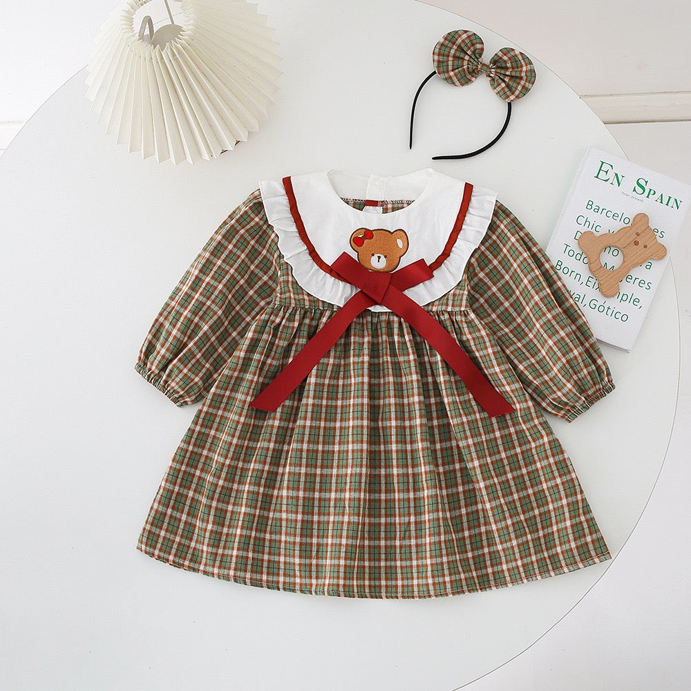 Family Matching Outfits Baby Girl Long Sleeves Bodysuit+Bear Plaid Patchwork Dress