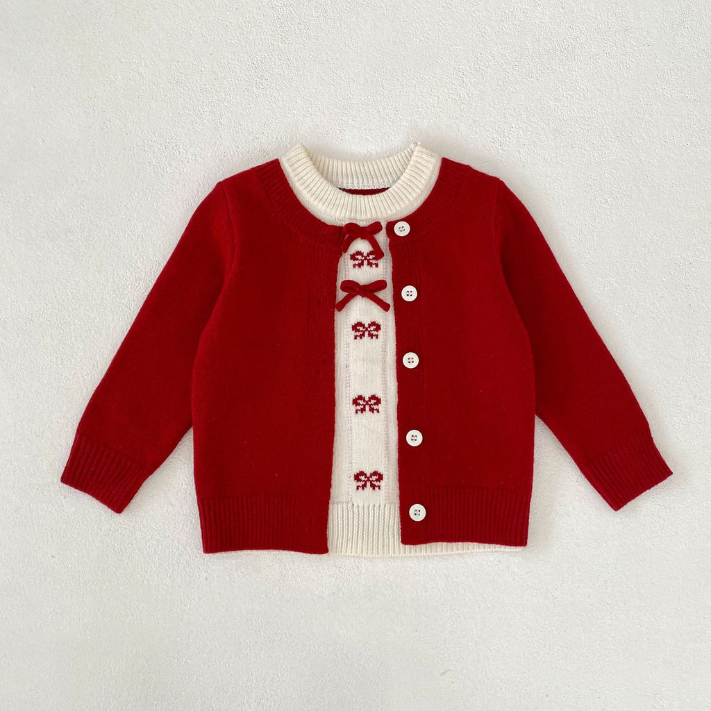Baby Girl Red Bow Fake Two-Piece Knitted Cardigan