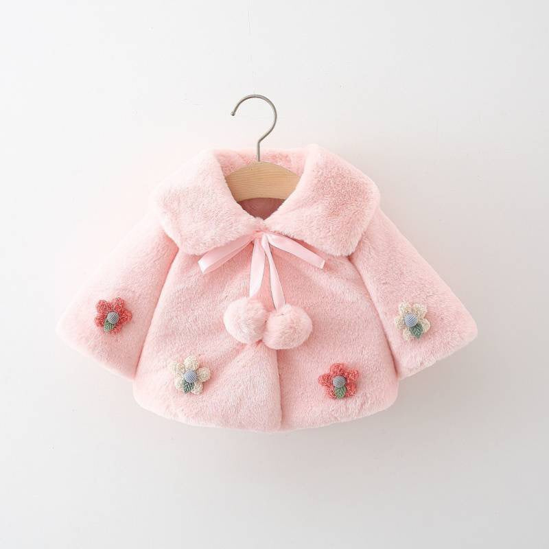 Winter Coat with Pom-Poms and Flowers
