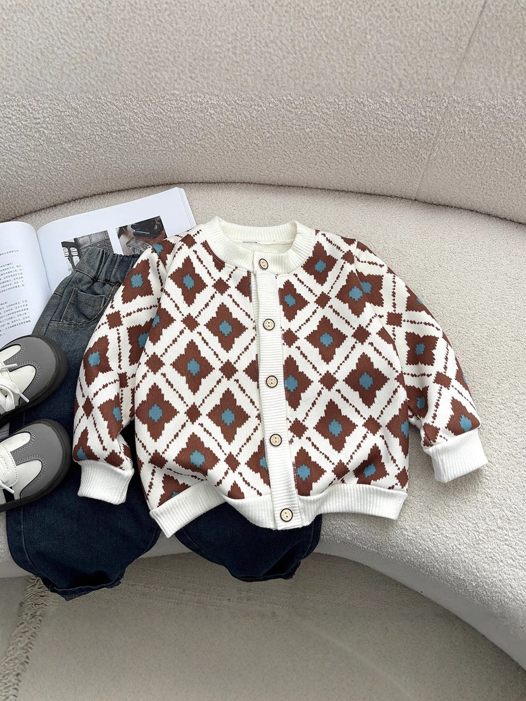 Kids Striped Heart Embroidered Warm Sweater Coat