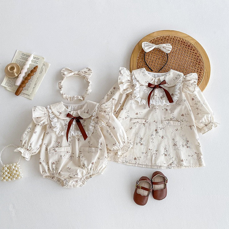 Ruffle Lace Bodysuit Bow Long Sleeve Floral Dress