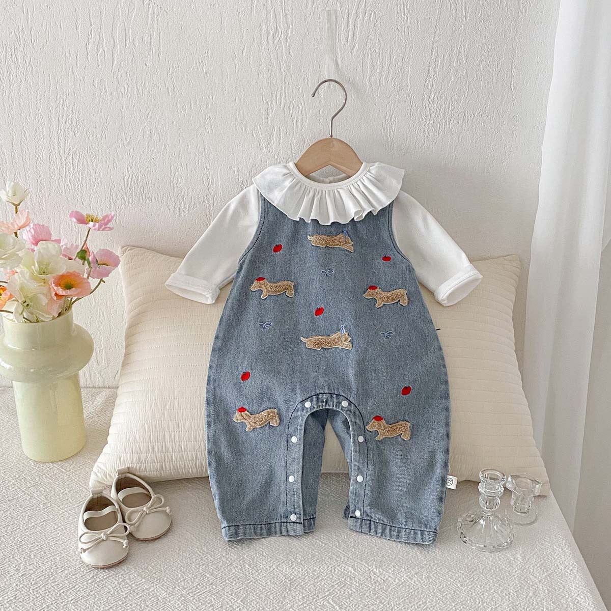 Baby Girls Denim Overall Set with Doll Collar Top & Cartoon Embroidery