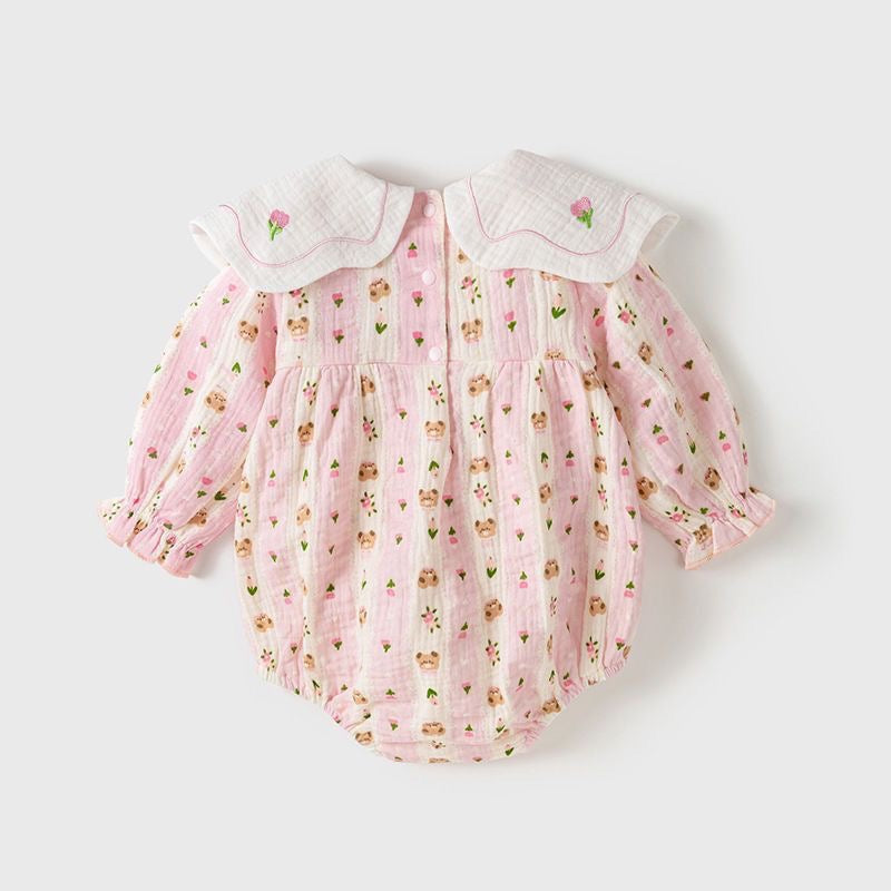 Baby Girl Bear Embroidery Ruffle Romper