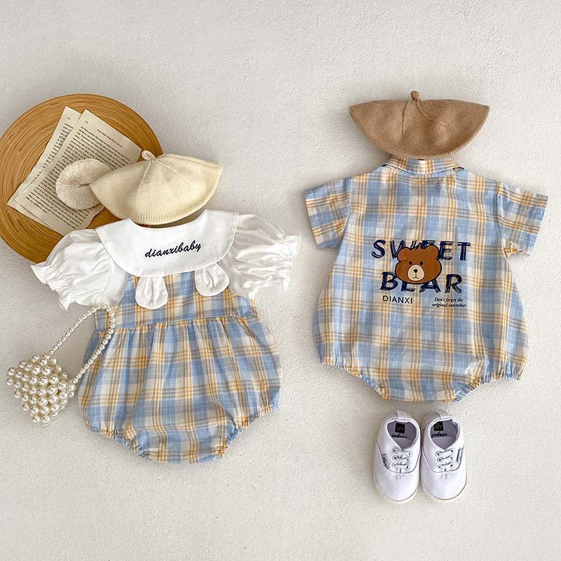 Baby Bodysuit with Teddy Bear Checkered Print