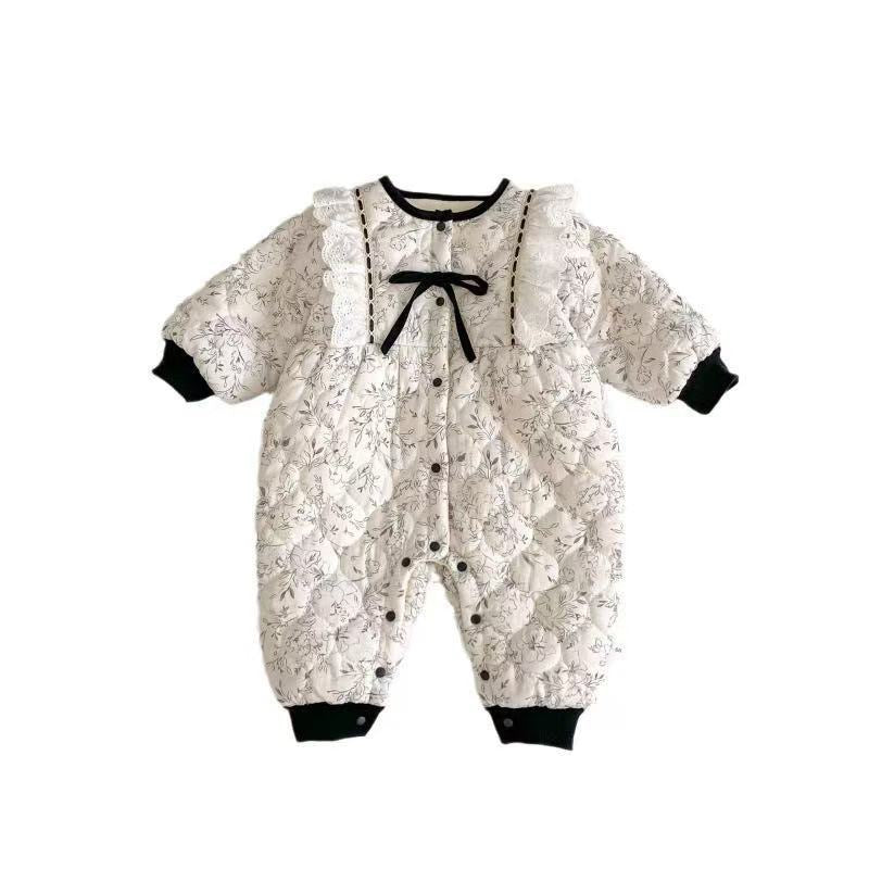 Winter Baby Warm Velvet Romper Flower Bow Jumpsuit