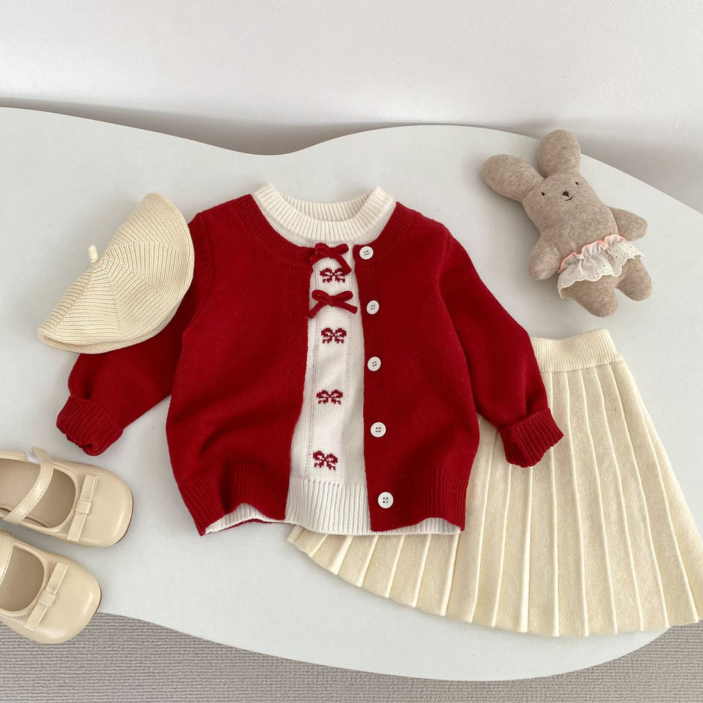 Baby Girl Red Bow Fake Two-Piece Knitted Cardigan