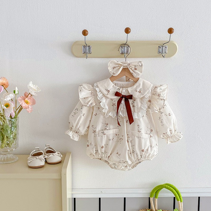 Ruffle Lace Bodysuit Bow Long Sleeve Floral Dress