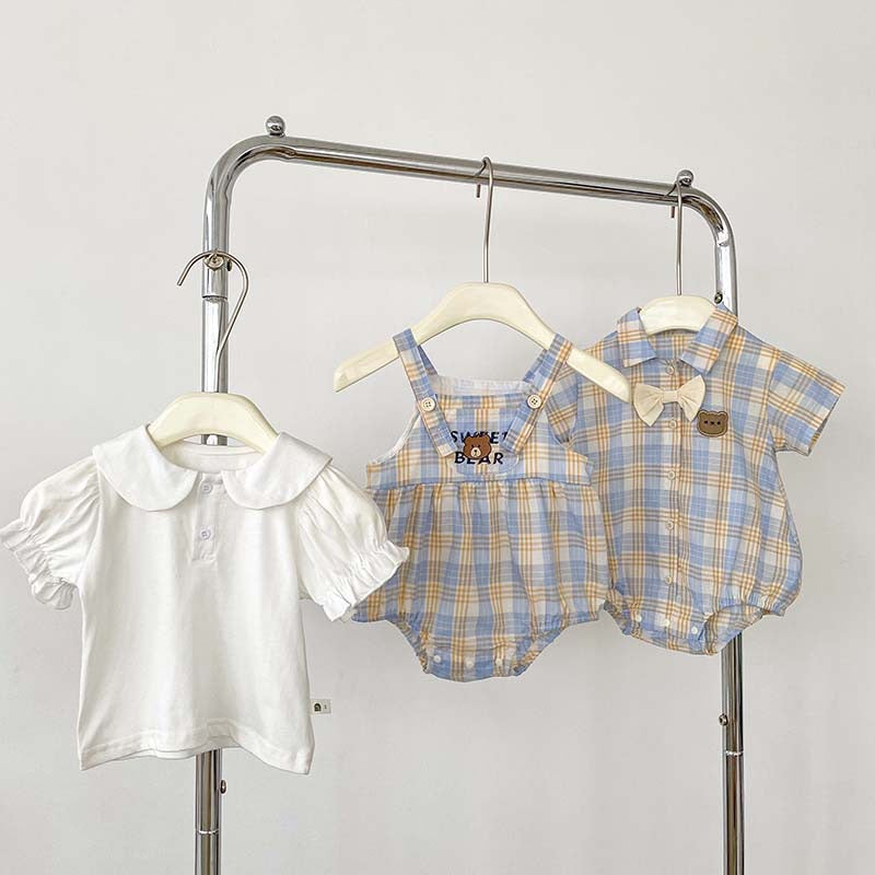 Baby Bodysuit with Teddy Bear Checkered Print