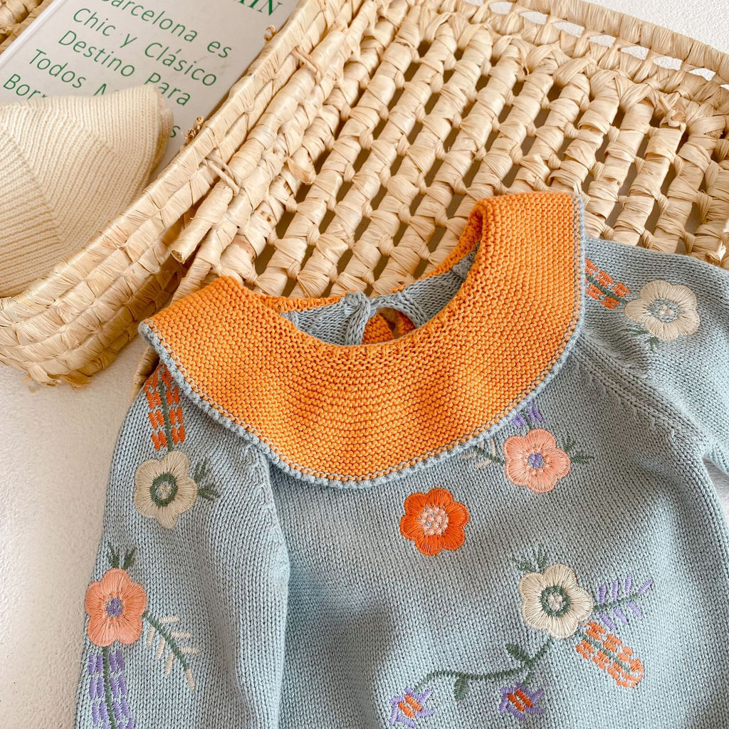 Toddler Baby Girls Embroidered Ruffle Collar Knitted Top & PP Shorts Set