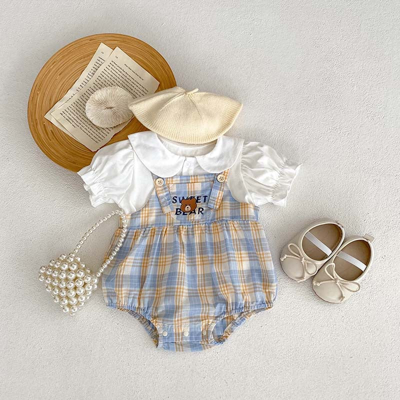 Baby Bodysuit with Teddy Bear Checkered Print