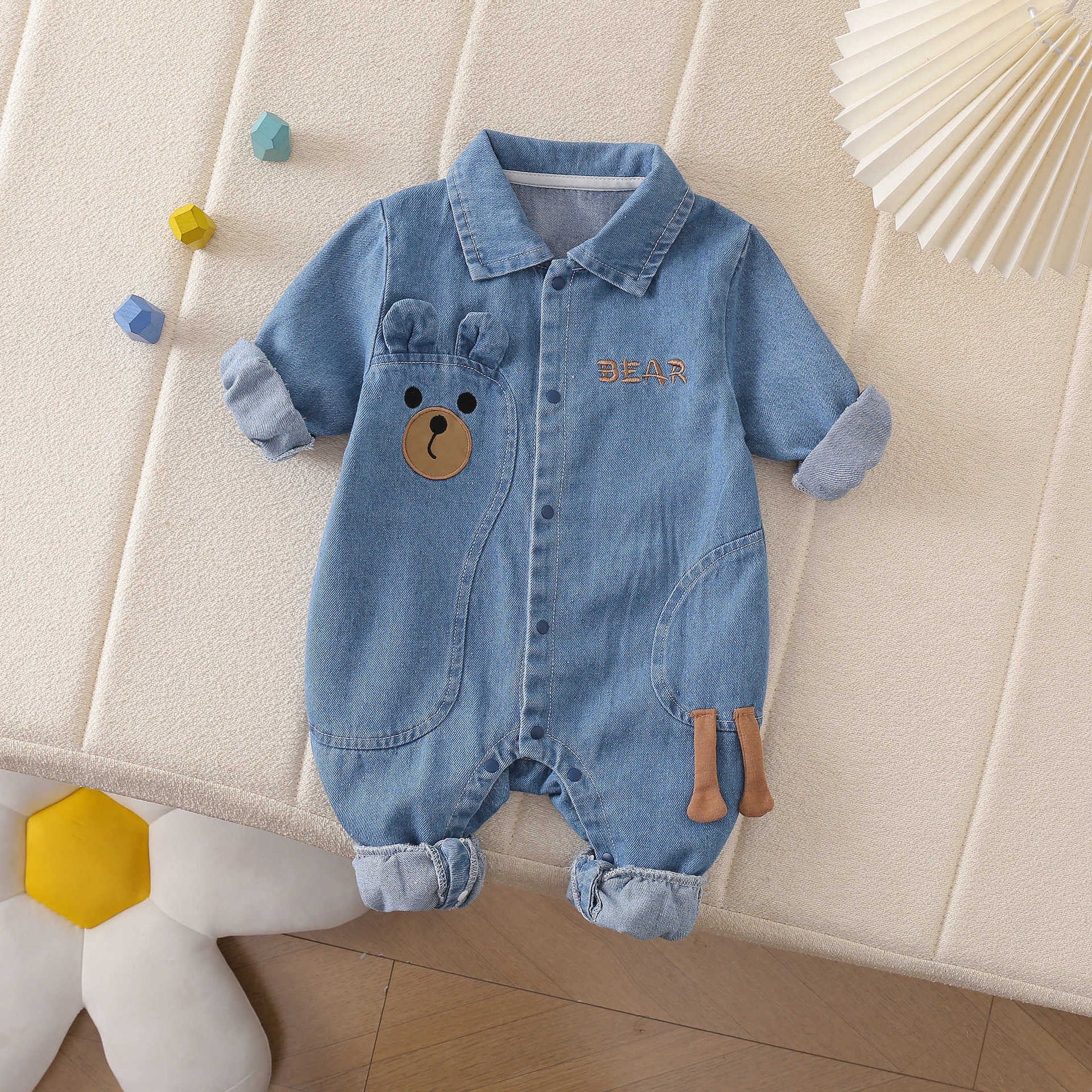 Baby Denim Romper Lapel Lying Bear Long Sleeve