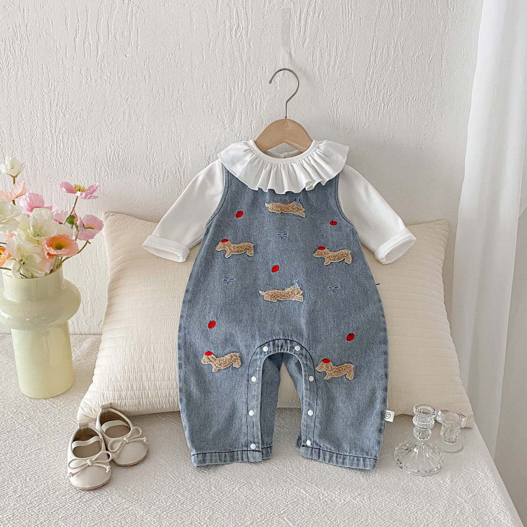 Baby Girls Denim Overall Set with Doll Collar Top & Cartoon Embroidery