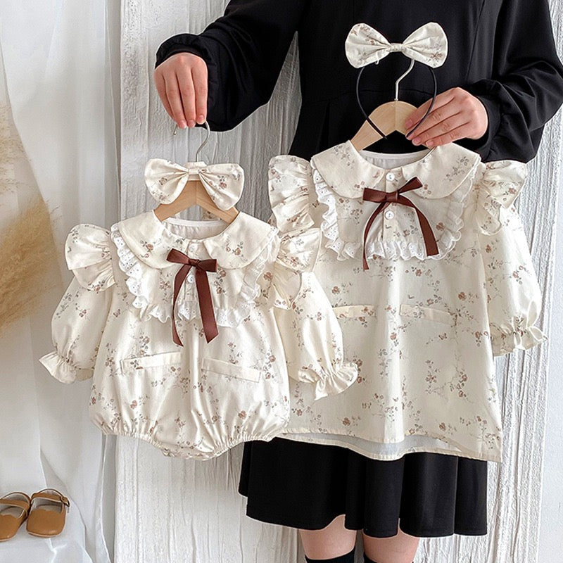 Ruffle Lace Bodysuit Bow Long Sleeve Floral Dress