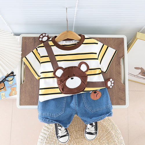 Boys Striped Tee & Denim Shorts Set With 3D Bear Bag