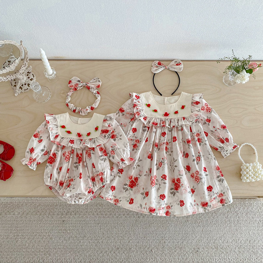 Vestiti da principessa in cotone a maniche lunghe per bambine Tuta da neonata vestito abbinato per sorelle