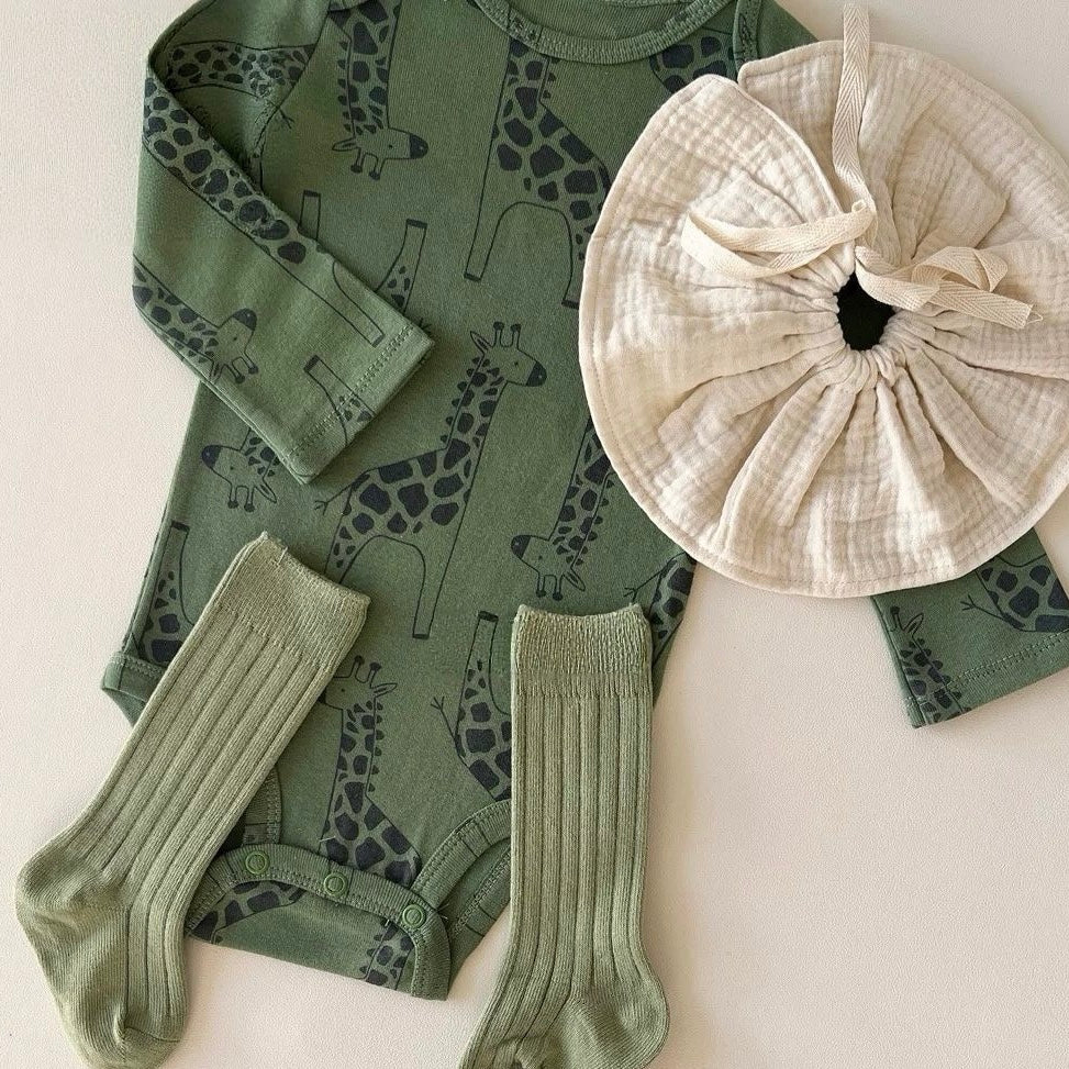 Baby Bodysuit, Green with Giraffes